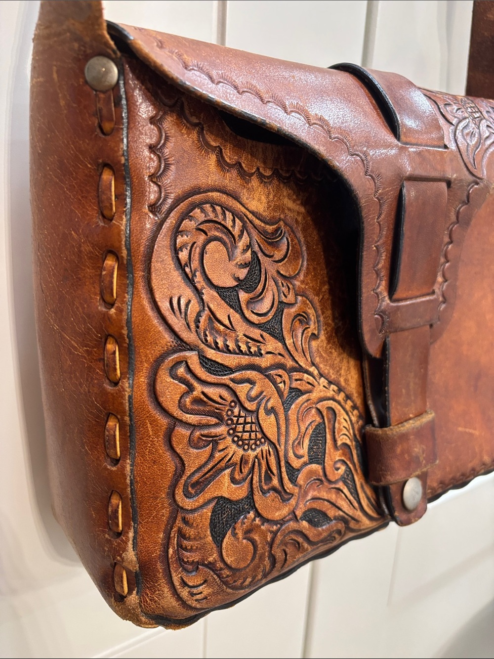 Brown Leather Tooled Crossbody Bag